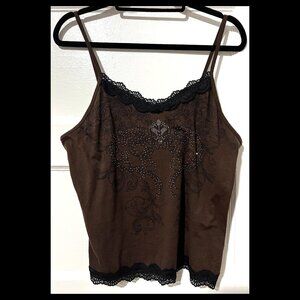 ROMWE Womens Brown Floral Black Lace Trim Rhinestone Cami Tank Top Sz 1XL EUC
